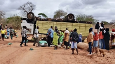 A photo showing the lorry after it overturned in Kitui leaving five people dead. Photo/ File