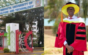 Collage photo showing Didmus Barasa graduating with his PhD from Murang'a university and gate of JKUAT . Photo/ File