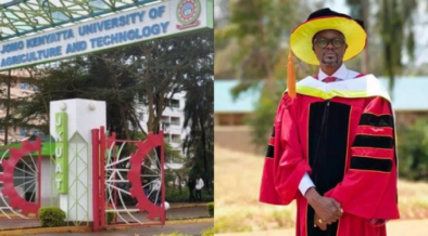 Collage photo showing Didmus Barasa graduating with his PhD from Murang'a university and gate of JKUAT . Photo/ File