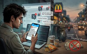An exhausted worker holds a smartphone displaying controversial social media posts regarding unpaid intern wages. PHOTO/Gemini