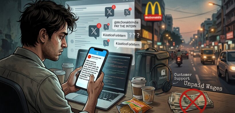 An exhausted worker holds a smartphone displaying controversial social media posts regarding unpaid intern wages. PHOTO/Gemini