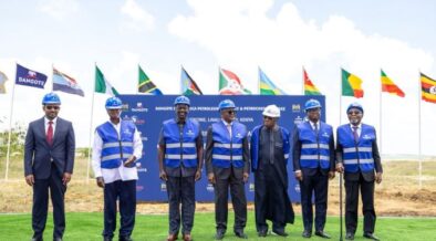 President William Ruto and Nigerian businessman Aliko Dangote break ground for the Dangote East Africa Refinery in Lamu county on September 30, 2026, joined by other regional leaders including Yoweri Museveni (Uganda), Abiy Ahmed (Ethiopia), Jean-Luc Savi de Tové (Togo). PHOTO/ PCS