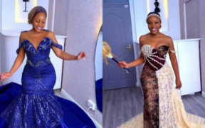 Photo showing Joan Peter , the founder and CEO House of Adhis showing off her designers. Photo/ HOA
