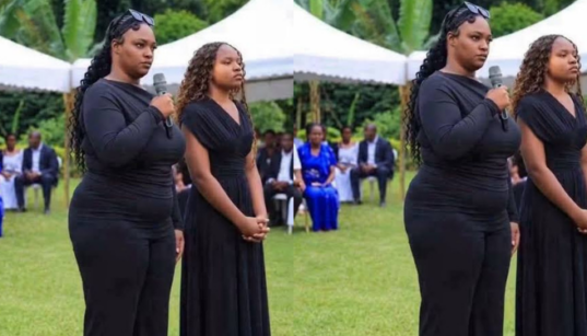 Photo showing Linda Kebati lecturing family members during the burial of his late father , Bosco Kebati. Photo/ Albin Kirui/ Fb