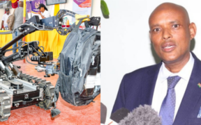 A collage of a Caliber remote-controlled robot operated by the Bomb and Hazardous Material Disposal Unit carrying a suspicious backpack during demonstrations at the Mombasa International show and DCI boss Mohamed Amin. PHOTO/ DCI X/ The Standard