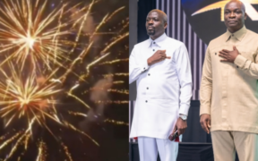 A collage photo of Fireworks at the Rhema Feast finale on September 4 and Reverend Julian Kyula and Apostle Joshua Selman during Rhema Feastv2026.PHOTOScreengrab/william samoei Ruto DmFacebook.