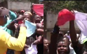 A collage photo of Kirinyaga residents protesting over Branded pants as Gifts from Senator Kamau Murango. PHOTO/ Screengrab
