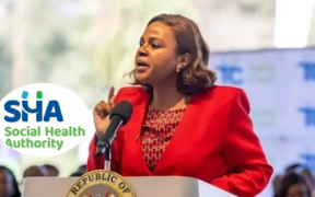 A photo of the Chief Executive Officer of Kenya's Social Health Authority (SHA) Dr. Mercy Mwangangi delivering a national COVID-19 update at Afya House during the pandemic during her tenure as the Chief Administrative Secretary (CAS) for the Ministry of Health in Kenya and an insert of SHA logo. PHOTO/ MoH Facebook/ SHA
