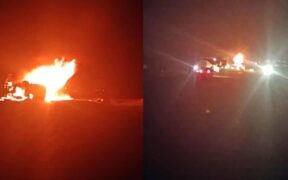 A petroleum tanker explodes along the Eldoret-Webuye road near Paul Boit Secondary School on Thursday night. Photo/Screengrab