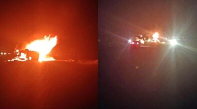 A petroleum tanker explodes along the Eldoret-Webuye road near Paul Boit Secondary School on Thursday night. Photo/Screengrab