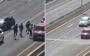 A viral photo showing several people gathered between vehicles on the Nairobi Expressway sparked claims of a daylight robbery. PHOTO/ SCREENGRAB
