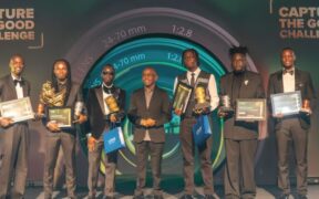 Safaricom CEO Peter Ndegwa poses with Capture the Good Challenge winners Mathew Meli, Charles Muia, Lameck Ododo, Kennedy Kamau, David Mutuku and Phillip Otieno during the awards ceremony held at Mövenpick Hotel in Nairobi on Monday, September 28, 2026. PHOTO/ SAFARICOM