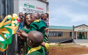 M-Pesa Foundation Trustee Celestine Munda (centre-left) cuts the ceremonial ribbon alongside learners, local leaders and the community during the official handover of the KES 67.35 million Upanda Comprehensive School in Alego-Usinga Sub-County. PHOTO/ FILE