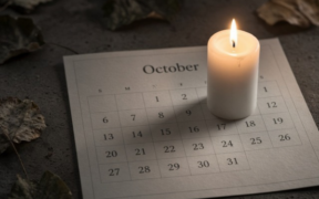 A lit candle resting on an October calendar page, in a quiet memorial mood