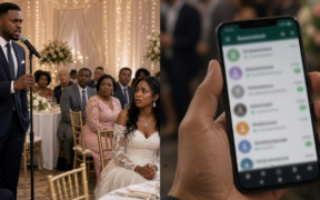 Collage photo showing the Man confronting his fiancee during their engagement party after finding her texting with four other married men. Photo/ Omwamba / X