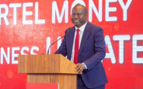 Photo showing Airtel CEO Djibril Tobe, speaking at a past event and an insertion of the Mastercard global. Photo/ Airtel
